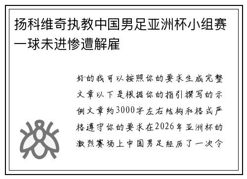 扬科维奇执教中国男足亚洲杯小组赛一球未进惨遭解雇 扬科维奇执教中国男足亚洲杯小组赛一球未进惨遭解雇
